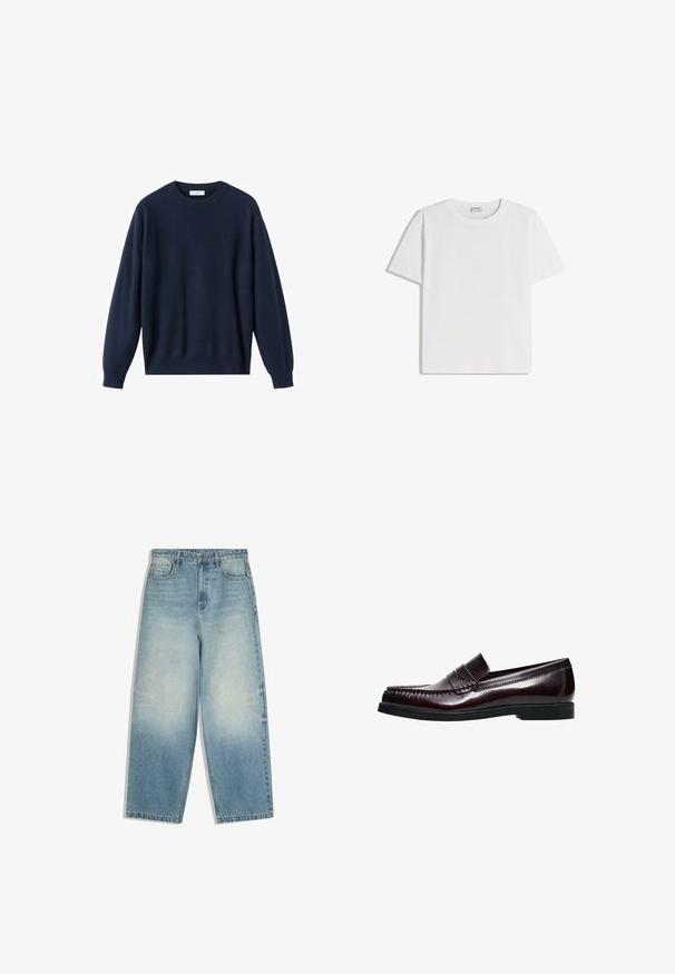 Pull tricoté bleu marine avec un col rond, des épaules tombantes et des poignets et un ourlet côtelés. Texture lisse et coupe décontractée.; T-shirt en coton blanc avec un col rond et des manches courtes. Présente une coupe classique et carrée, sans motifs ni accents visibles.; Jean denim bleu clair à jambes larges avec poches avant, fermeture par bouton, et effet délavé sur les cuisses et les genoux.; Mocassins en cuir bordeaux foncé avec un détail cousu et une bride décorative. Semelle plate en caoutchouc noir. Surface lisse et polie.