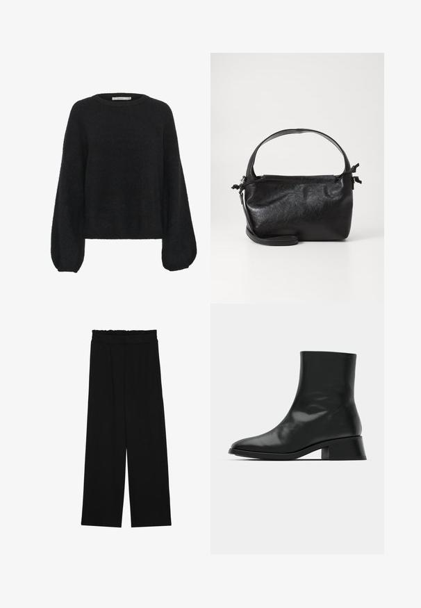 Gestuz ALPHA - Pullover - black; Pantalons larges noirs à taille volante, dotés de deux poches latérales et d'un tissu lisse et léger. Pas de motifs ni de matériel visible.; Bottine noire en cuir brillant, au design épuré, avec un bout pointu et un petit talon bloc pour plus de stabilité.; Sac à main en cuir noir au design structuré, avec une poignée arrondie et une bandoulière amovible. Présente une texture lisse et un éclat subtil.