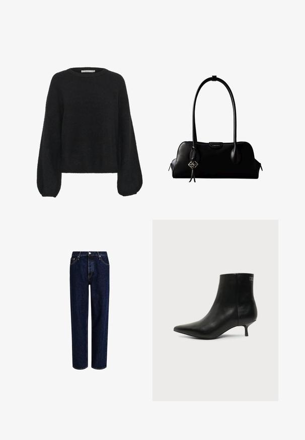 Gestuz ALPHA - Pullover - black; Jeans en denim bleu foncé avec une coupe droite, dotés d'une taille haute, d'un style à cinq poches et de coutures contrastantes. Sans embellissements.; Bottine en cuir noir avec bout pointu et petit talon kitten sur fond clair, vue côté extérieur.; Sac à main en cuir noir Calvin Klein avec de longues anses, une étiquette logo à l'avant et un charme géométrique argenté suspendu à une anse.