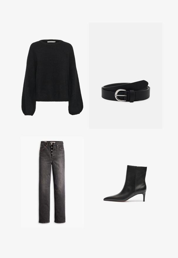 Gestuz ALPHA - Striktrøje - black; Sorte højtaljede jeans med lige ben-design, lavet af denim. Features en knaplukning, kobberdetaljer og kontrastsyninger.; Sort læder ankelstøvle med spids tå og slank hæl, der har en glat tekstur og strømlinet design.; Sort læderbælte med en sølv rund spænde, flad design, spids ende, glat tekstur og minimalistisk stil.