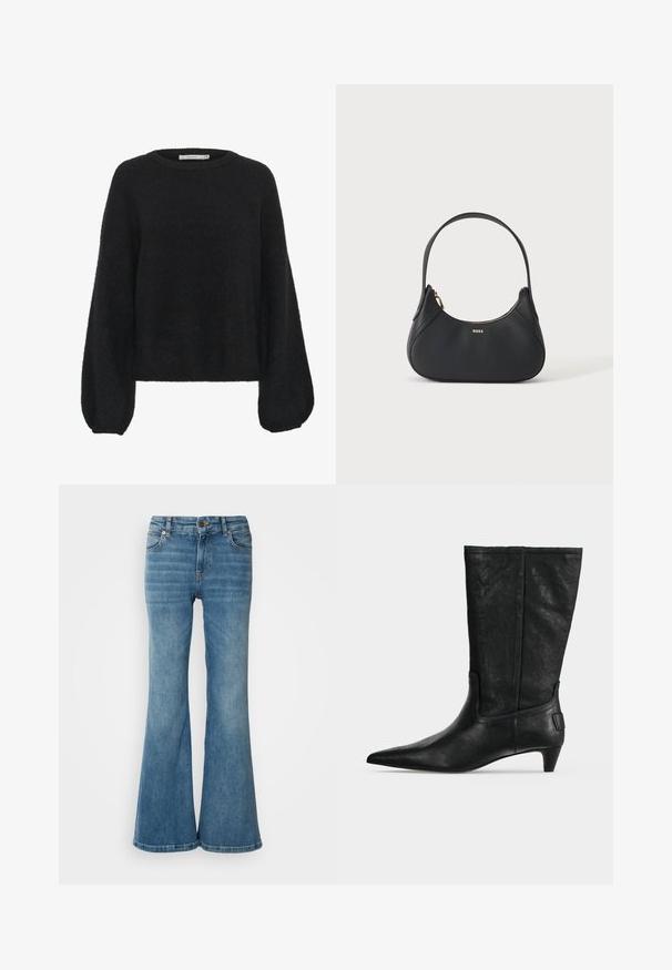 Gestuz ALPHA - Pullover - black; Jean évasé bleu clair en denim, doté de cinq poches, de coutures visibles, et d'une fermeture à bouton et à zip à la taille.; Botte en cuir noire mi-mollet avec bout pointu et petit talon kitten, vue de côté sur fond gris.; Sac à bandoulière en cuir noir avec une forme incurvée, fermeture éclair dorée et petit logo doré à l'avant, isolé sur fond clair.