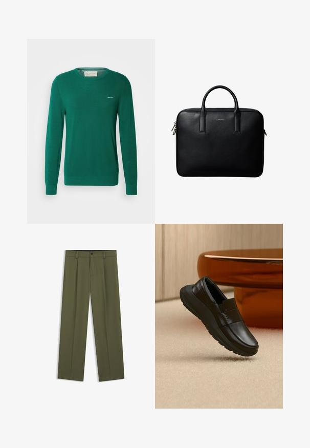 Pull en maille vert avec des manches longues, un col rond et un motif texturé. Présente un petit logo blanc sur la poitrine gauche.; Pantalon droit couleur vert olive avec passants pour ceinture, bouton devant et braguette zippée, présenté à plat sur fond blanc.; Mocassin en cuir noir avec une semelle épaisse, présenté au-dessus d'un tapis beige et près d'une base de table ronde couleur ambre.; Mallette en cuir noir texturé avec double poignées et tirettes de fermeture éclair argentées, centrée sur fond blanc.