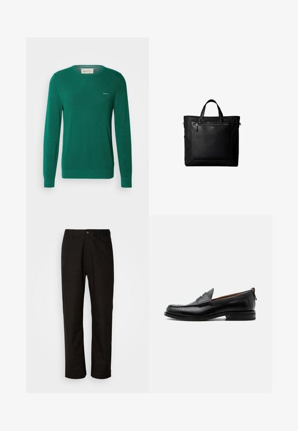 Pull en maille vert avec des manches longues, un col rond et un motif texturé. Présente un petit logo blanc sur la poitrine gauche.; Pantalon en coton noir avec une coupe droite, des passants de ceinture, une fermeture éclair à l'avant et un seul bouton. Texture lisse sans motifs visibles.; Mocassin homme en cuir noir avec couture moc toe, bride penny, col texturé et petit talon empilé sur fond blanc.; Sac cabas noir avec doubles poignées, grande poche avant en cuir avec fermeture éclair et logo discret Calvin Klein au centre de la poche.