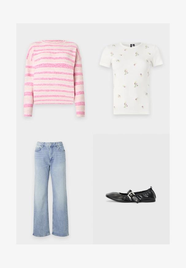 Pull rayé rose et crème avec une texture côtelée, col ras du cou et épaules tombantes. Matériau doux avec des largeurs de rayures variées.; T-shirt en coton blanc à manches courtes, présentant une texture côtelée et une broderie florale dispersée en rose et vert sur l'ensemble.; Jean large bleu clair en denim, avec une taille haute, cinq poches et un ourlet légèrement effiloché.; Chaussure plate en cuir noir avec un nez pointu, des détails froncés autour de l'ouverture et un accent en boucle argentée sur la bride ajustable.