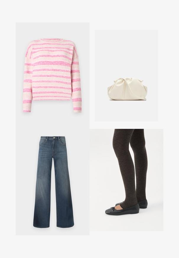 Pull rayé rose et crème avec une texture côtelée, col ras du cou et épaules tombantes. Matériau doux avec des largeurs de rayures variées.; Jeans en denim à jambes larges de couleur bleu foncé, avec une finition déchirée, fermeture à bouton et style à cinq poches. Texture lisse, détails de couture minimalistes.; Jambes portant des leggings côtelés foncés associés à des ballerines noires avec de petits détails en nœud sur fond blanc.; Pochette en cuir souple couleur crème avec un design froncé et une fine bandoulière reposant à l’avant sur un fond uni.
