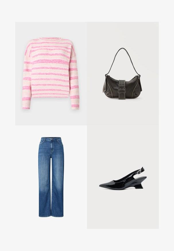 Pull rayé rose et crème avec une texture côtelée, col ras du cou et épaules tombantes. Matériau doux avec des largeurs de rayures variées.; Jeans en denim bleu à jambe large avec taille haute, présentant des zones décolorées, un design traditionnel à cinq poches et une fermeture à bouton à l'avant.; Chaussure slingback en cuir verni noir avec bout pointu et petit talon bloc incliné sur fond clair uni.; Sac à épaule en cuir noir avec une sangle à boucle, des bords arrondis et des coutures blanches contrastées sur un fond uni.