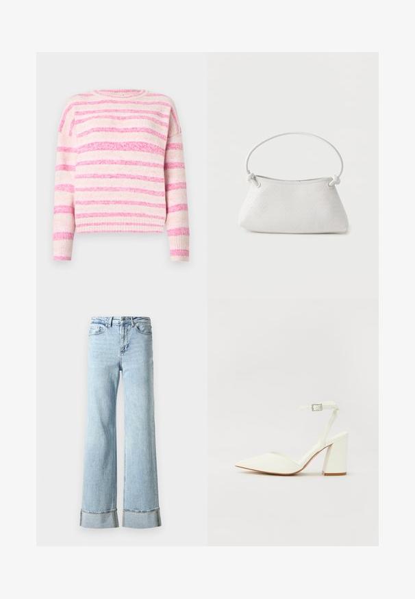 Pull rayé rose et crème avec une texture côtelée, col ras du cou et épaules tombantes. Matériau doux avec des largeurs de rayures variées.; Jeans en denim bleu clair avec des jambes larges, des ourlets effilochés et des détails décoratifs en rhinestones aux poignets. Design standard à cinq poches.; Sandale blanche à talon avec un bout pointu, sangle de cheville réglable et un talon carré épais. Texture lisse avec des détails de couture minimaux.; Sac à main en cuir tressé blanc avec poignée arrondie et extrémités de lanière nouées, présenté sur un fond uni.