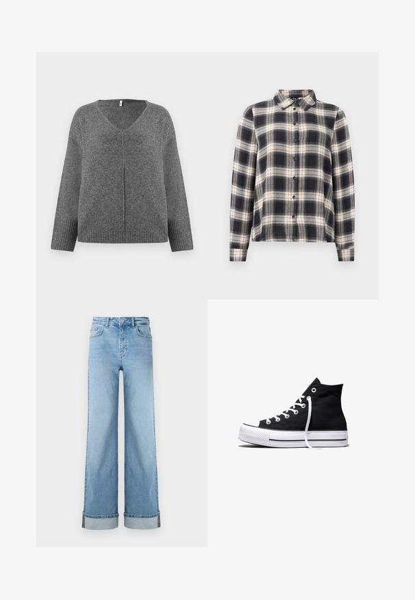 Grå V-hals sweater med lange ærmer, lavet af blødt materiale. Har ribbet detaljering ved handsker og kant, med en løs og afslappet pasform.; Langærmet ternet skjorte i navy, hvid og beige. Har standard krave, knaplukning fortil og blødt stof med ternet mønster.; Lyseblå, vide jeans i klassisk denim med høj talje, prydet med opbrettede kanter og synlig søm.; Sort high-top canvas sneaker med hvid gummisål og hvide snørebånd, vist fra siden mod en hvid baggrund.