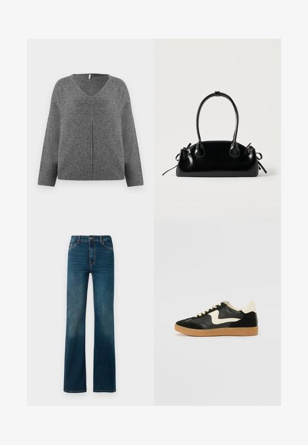 Pull gris en V à manches longues, fabriqué dans un matériau doux. Présente des détails côtelés aux poignets et à l'ourlet, avec une coupe ample et décontractée.; Jeans bleu marine taille haute avec une coupe droite. Fabriqués en denim, avec des coutures contrastées et un classique design à cinq poches.; Baskets en daim et cuir noir avec un swoosh latéral crème et un talon crème clair. Dotées de lacets beige et d'une semelle en caoutchouc gomme.; Petit sac à main noir brillant avec deux longues anses et des détails à cordon sur les côtés sur un fond clair uni.
