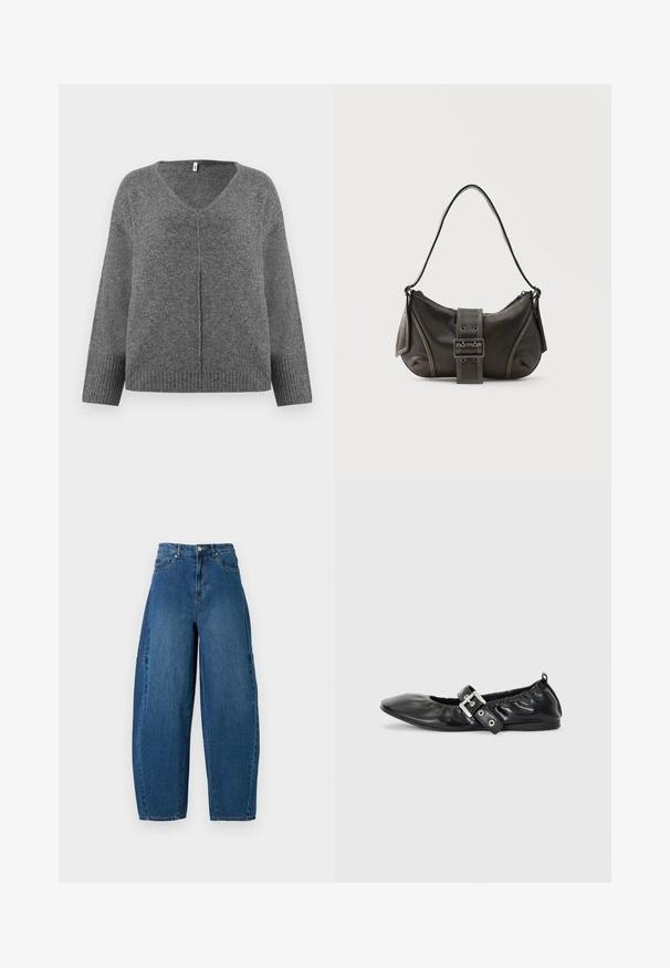 Pull gris en V à manches longues, fabriqué dans un matériau doux. Présente des détails côtelés aux poignets et à l'ourlet, avec une coupe ample et décontractée.; Jean en denim de teinte bleu moyen, présentant une taille haute, une coupe large et un design standard à cinq poches avec des détails de coutures visibles.; Chaussure plate en cuir noir avec un nez pointu, des détails froncés autour de l'ouverture et un accent en boucle argentée sur la bride ajustable.; Sac à épaule en cuir noir avec une sangle à boucle, des bords arrondis et des coutures blanches contrastées sur un fond uni.
