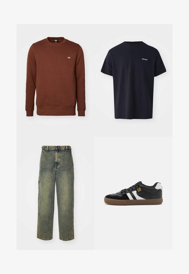 Dickies OAKPORT - Sweatshirt - cappuccino; T-shirt en coton noir à manches courtes, col rond, et un logo blanc subtil sur la poitrine gauche. Texture lisse, coupe standard.; Jeans en denim ample avec un délavage bleu et vert. Comprend une fermeture à bouton, des passants de ceinture et des poches latérales. Pas de pli à l'avant et design à jambe droite.; Baskets noir et blanc avec une tige en daim et en cuir, présentant des rayures blanches, des lacets noirs et une semelle en caoutchouc marron. Accents de logo dorés.