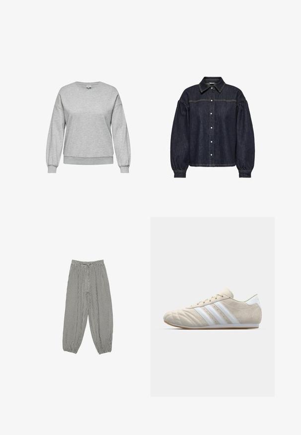 Grå sweatshirt lavet af en bomuldsblandingsmateriale, med en rund halsudskæring, lange ballonærmer samt ribbede manchetter og kant.; Mørkeblå denimskjorte med puflange ærmer, knaplukning foran og kontrastsyet i gul på brystet og ærmesømmene.; Løse sort-hvide gingham-bukser med elastisk talje og elastiske manchetter, lagt fladt på en hvid baggrund.; Lys beige ruskindsko med rund tå, hvidt design med tre striber og en gummirubber sål. Har syninger og et lavt profil.