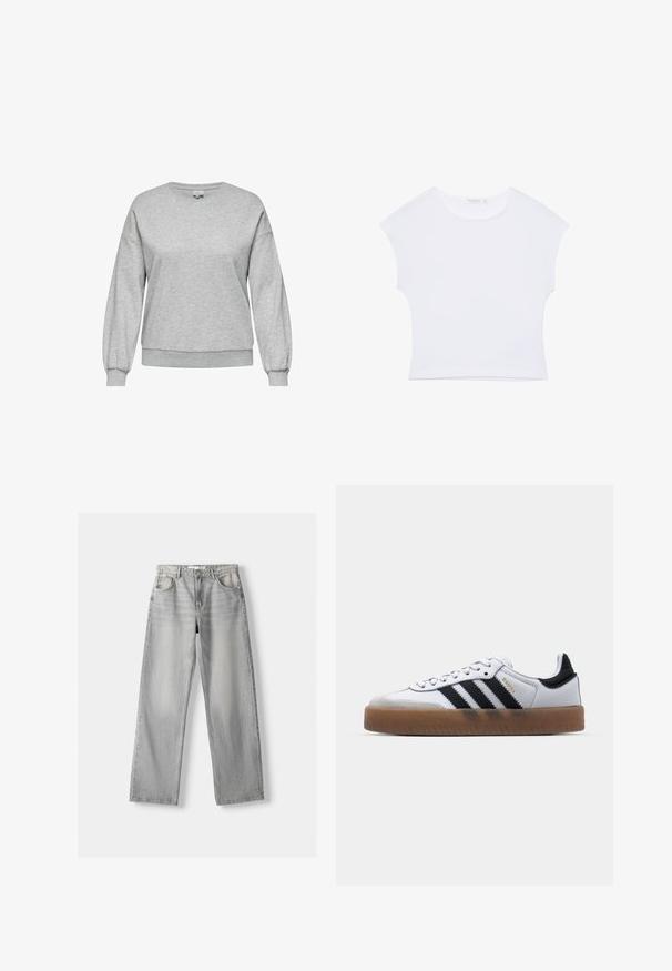 Sweat-shirt gris en mélange de coton, avec un col rond, des manches longues bouffantes, et des bord-côtes au niveau des poignets et de l'ourlet.; T-shirt court blanc à manches courtes avec col rond, en tissu lisse, posé à plat sur un fond blanc.; Jean en denim gris clair avec une coupe droite, dotée de deux poches avant, d'un bouton de fermeture et d'un léger délavage pour la texture.; Baskets en cuir blanc avec des rayures noires, semelle extérieure en caoutchouc beige, bout rond, fermeture lacée et embout en suède gris doux.