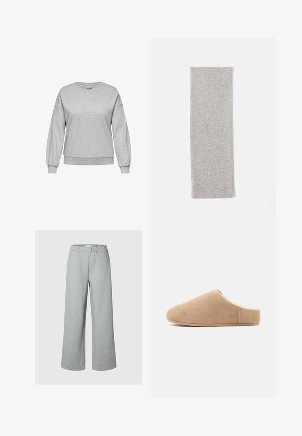 Grå sweatshirt lavet af en bomuldsblandingsmateriale, med en rund halsudskæring, lange ballonærmer samt ribbede manchetter og kant.; Lys grå brede bukser lavet af blød stof, med elastisk talje og et simpelt, udekoreret design.; Beige ruskind slip-on tøfler med blødt for og flad sål, lukket tå, åben bag, og diskret "UGG" logo på siden.; Grå strikket tørklæde med en glat tekstur, forlænget rektangulær form og klare kanter, designet til varme og komfort.