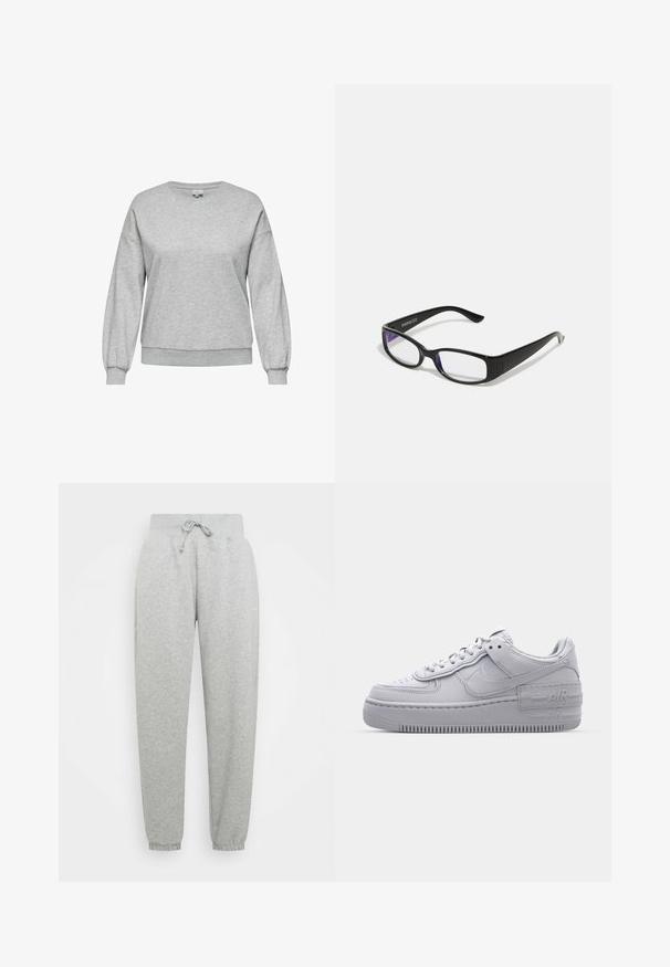 Sweat-shirt gris en mélange de coton, avec un col rond, des manches longues bouffantes, et des bord-côtes au niveau des poignets et de l'ourlet.; Pantalon de survêtement gris avec une taille élastique, un cordon de serrage réglable et des poignets côtelés. Fabriqué en tissu doux ; dispose de deux poches latérales.; Basket en cuir lisse gris Nike Air Force 1 avec un bout perforé, une semelle épaisse et un détail 'AIR' en relief sur le talon.; Des lunettes rectangulaires noires avec des verres transparents. Fini brillant, branches étroites et teinte violette visible sur les bords des verres.