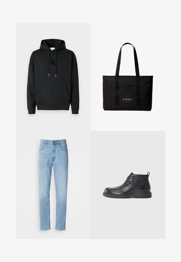 Sweat à capuche en coton noir avec une poche avant, une capuche à cordon de serrage et un logo Calvin Klein embossé sur la poitrine. Texture lisse, poignets côtelés.; Jean en denim bleu clair avec une coupe droite, cinq poches et passants de ceinture. Le tissu présente une texture lisse avec un léger effet dégradé.; Bottes noires en cuir à talon arrondi, avec un design à lacets et une languette à l'arrière. Tige texturée et semelle en caoutchouc.; Sac cabas noir Calvin Klein avec deux longues poignées et une poche avant, avec le logo de la marque en blanc et gris.