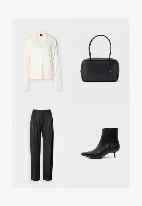 Pull en tricot blanc à manches longues avec col et encolure en V, poignets et ourlet côtelés, présenté sur un fond uni.; Pantalon noir à jambes larges en tissu lisse, avec plis sur le devant, braguette zippée et ceinture classique.; Bottine en cuir noir avec bout pointu et petit talon kitten sur fond clair, vue côté extérieur.; Sac à main rectangulaire noir avec doubles poignées arrondies, fermeture éclair dorée et logo "HUGO" embossé sur le devant avec une étiquette en cuir attachée.