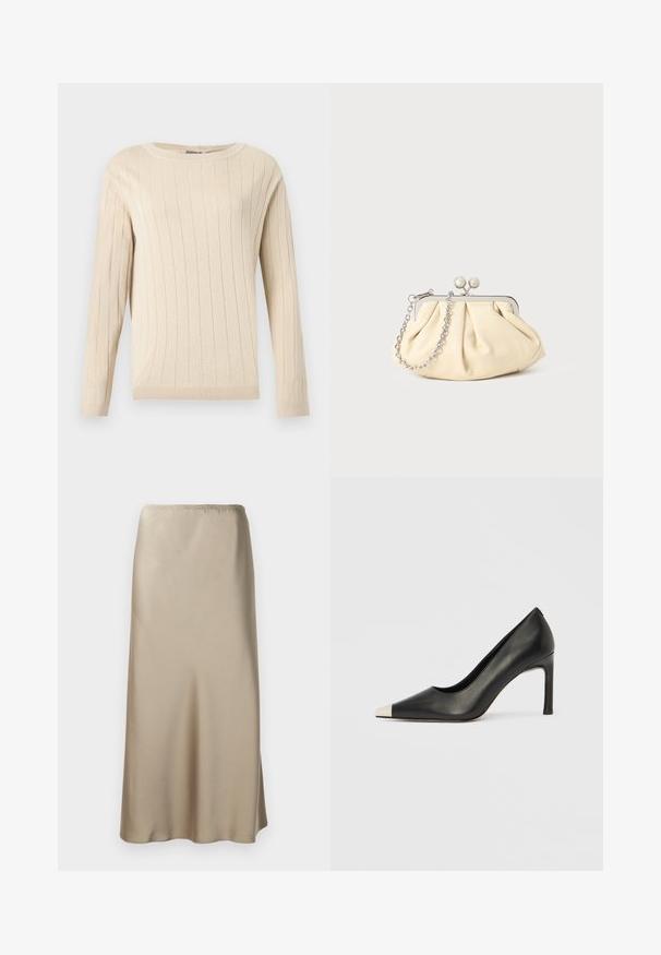 Pull beige à manches longues avec texture côtelée verticale, col rond, poignets et ourlet ajustés.; Jupe midi en satin beige clair avec une taille élastique, texture lisse et forme évasée. Aucun motif ou matériel visible.; Chaussure à talon haut en cuir noir avec bout pointu et capuchon argenté métallique. Présente une finition lisse et un talon fin de 10 cm.; Pochette en cuir beige plissé avec un cadre en métal argenté, dotée de deux fermoirs ronds décoratifs et d'une chaîne en argent.