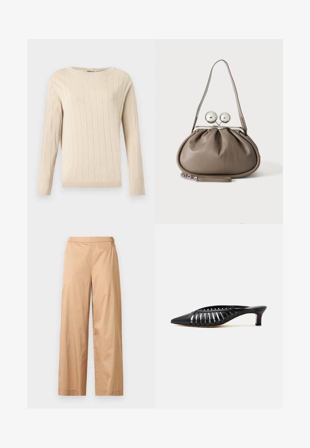 Pull beige à manches longues avec texture côtelée verticale, col rond, poignets et ourlet ajustés.; Pantalon beige à jambes larges avec une taille haute, un devant plat et un ourlet droit, présenté sur un fond gris clair uni.; Mule en cuir noir avec bout pointu, design découpé à brides et petit talon kitten sur fond blanc.; Sac à main en cuir gris de forme arrondie, fermeture supérieure avec deux grandes sphères argentées, et une seule anse.