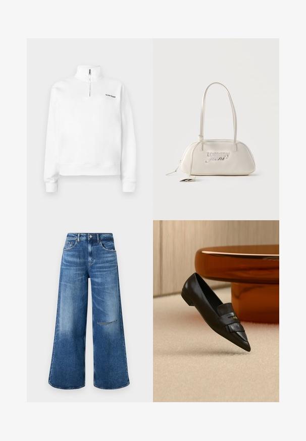Pullover blanc avec col montant et fermeture éclair demi-longueur. Présente un petit logo noir sur la poitrine et des poignets côtelés. Texture lisse.; Jean en denim bleu à jambes larges avec un effet délavé, doté d'une poche avant et d'un détail déchiré au genou, fini avec une taille classique.; Mocassin en cuir noir à bout pointu avec détail de franges, positionné sur un tapis beige près d'une table ronde en verre orange.; Sac d'épaule rectangulaire de couleur crème avec longues bretelles, logo "tommy jeans" en argent sur le devant, et une étiquette pendante attachée à la fermeture éclair.