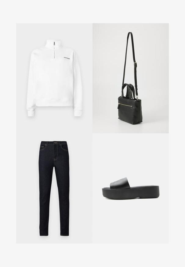 Biely pulóver so vysokým golierom a polovičným zipsom. Obsahuje malé čierne logo na hrudi a rebrované manžety. Hladká textura.; Tmavomodré džínsy z denimu so slim fit strihom, s oranžovým prešívaním, zapínaním na gombíky a tradičným dizajnom s piatimi vreckami.; Čierna platformová šľapka s hrubou podrážkou a širokým remienkom, vyrobená z hladkého materiálu, zobrazená z boku na bielom pozadí.; Čierna kožená obdĺžniková kabelka na rameno s predným zipsovým vreckom, dvoma polstrovanými uchami a nastaviteľným dlhým popruhom, vystavená na bielom pozadí.
