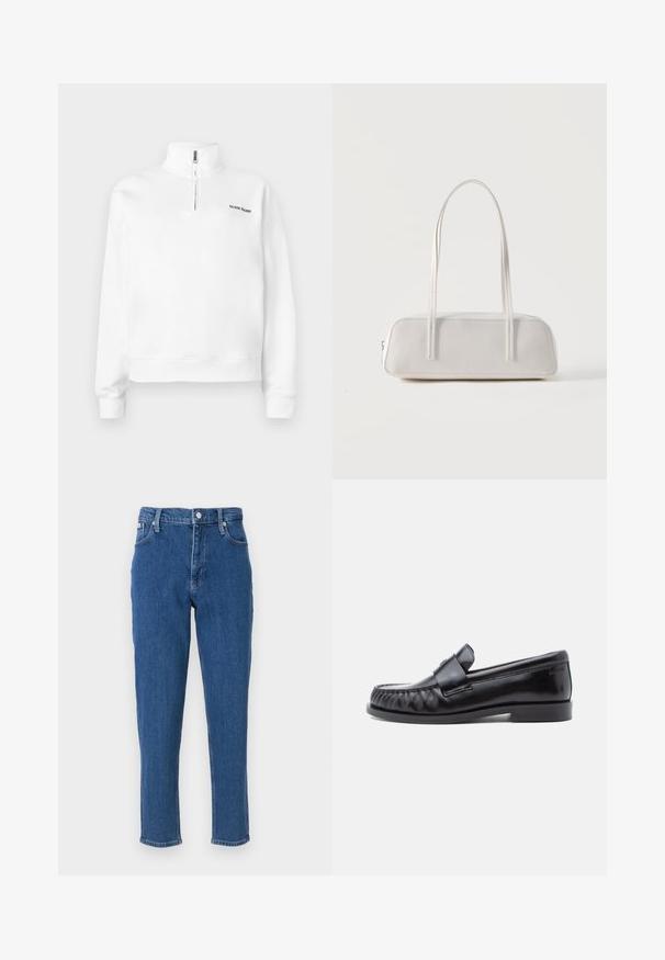 Hvid pullover sweatshirt med høj krave og halvlynlås. Har et lille sort logo på brystet og ribbede manchetter. Glat tekstur.; Blå denim jeans med høj talje, lynlås, fem lommer, lige ben og en diskret fadet tekstur, samt en ren sømfinish.; Sorte læderloafers med rundet tå, karakteristisk syning og en dekorativ rem over vampen. Glat finish og lav hæl.; Hvid rektangulær skuldertaske med lange tynde stropper, minimal syning og lynlåslukning på en ensfarvet baggrund.