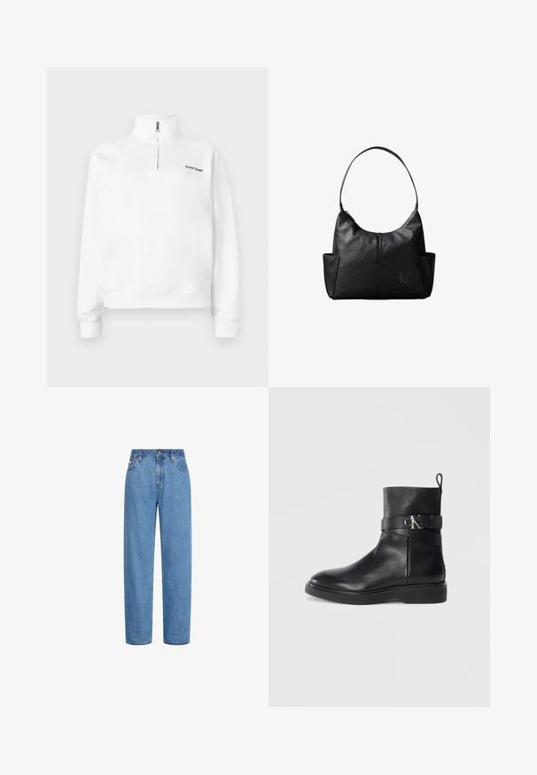 Hvid pullover sweatshirt med høj krave og halvlynlås. Har et lille sort logo på brystet og ribbede manchetter. Glat tekstur.; Straight-leg blå denim jeans med høj talje, frontknap og lommer, vist mod en hvid baggrund.; Sort læder ankelstøvle med flad sål, der har en sidelås og detalje med sølvfarvet CK-logo. Glat overflade og strømlinet design.; Sort læder skuldertaske med en enkelt rem, sidelommer og et diskret prægede Calvin Klein-logo på forsiden nederst til højre.