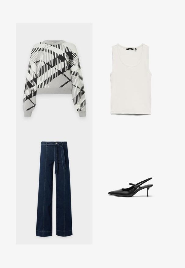 Grå sweater med et geometrisk sort og hvidt mønster, lange ærmer, runde halsudskæring og ribbet manchetter og kant.; Hvid ribbet tanktop med rund halsudskæring og ærmeløs design, lagt fladt på en hvid baggrund.; Mørkeblå denim bukser med brede ben, frontsømsdetaljer og et matchende stofbælte bundet i taljen.; Sorte læder slingback hæle med spids tå, slank justerbar rem og en stiletto hæl på cirka 5 cm, glat tekstur.