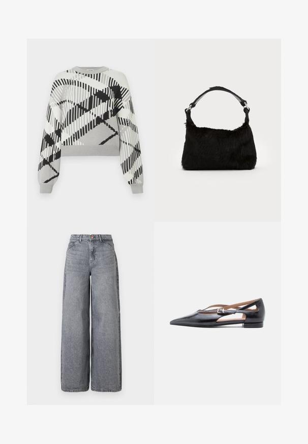 Grå sweater med et geometrisk sort og hvidt mønster, lange ærmer, runde halsudskæring og ribbet manchetter og kant.; Bredde ben denim jeans i en falmet grå vask, med fem lommer, en knaplukning og en blød tekstur med subtile fældningsdetaljer.; Sorte flade lædersko med spids tå, åbne sider og en lille ankelrem med et sølvspænde som pynt.; Sort faux fur håndtaske med en blød tekstur, rund form og en robust skulderrem i sort læder. Synlige sølvhardware-detaljer.