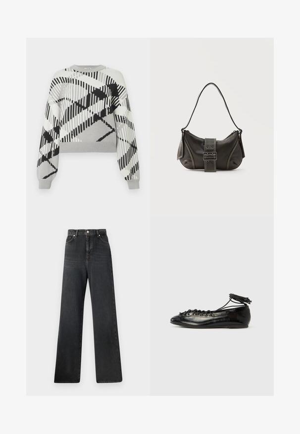 Grauer Sweater mit einem geometrischen schwarz-weißen Muster, langen Ärmeln, Rundhalsausschnitt und gerippten Bündchen sowie Saum.; Schwarze Jeans mit weitem Bein und hoher Taille, mit Knopfverschluss, fünf Taschen und dezentem Ausbleichen im Stoffmuster.; Schwarze Ballerinas aus Lackleder mit runder Spitze, Schnürdesign und flacher Sohle. Glatte Textur mit minimaler Verzierung.; Schwarze Leder-Schultertasche mit Schnallengurt-Detail, abgerundeten Kanten und kontrastierenden weißen Nähten auf schlichtem Hintergrund.