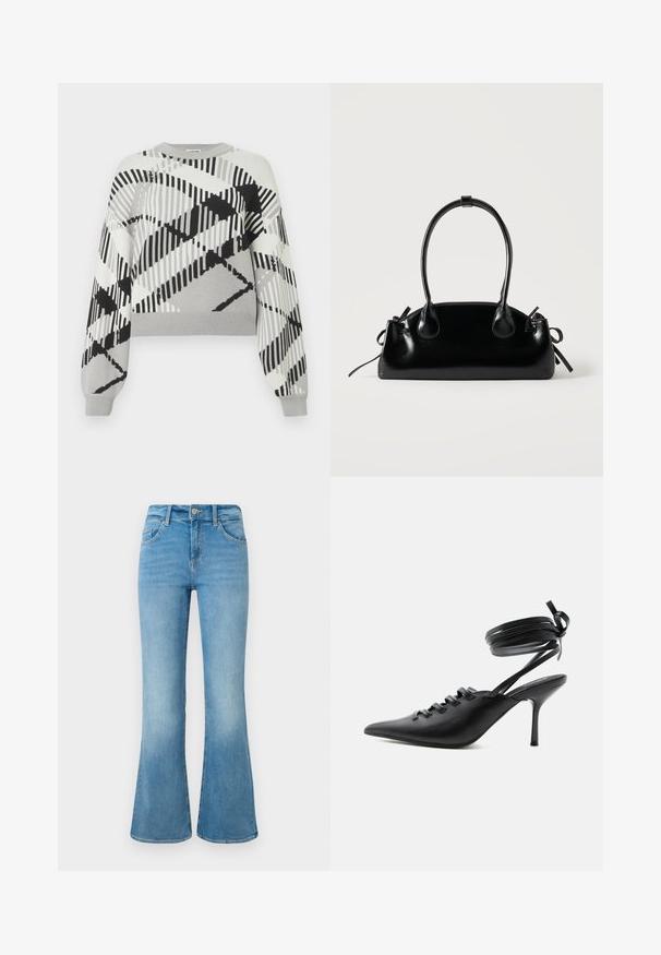 Grauer Sweater mit einem geometrischen schwarz-weißen Muster, langen Ärmeln, Rundhalsausschnitt und gerippten Bündchen sowie Saum.; Hellblaue Denim-Flaggenjeans mit Fronttaschen, Gürtelschlaufen und einer Knopfverschlus gegen einem weißen Hintergrund.; Schwarzer spitzer High-Heel-Schuh mit Schnürung vorne und wickelnden Knöchelriemen, die zu einer Schleife gebunden sind, von der Seite auf weißem Hintergrund gezeigt.; Kleine schwarze glänzende Handtasche mit zwei langen Griffen und seitlichen Kordelzug-Details vor einfachem hellem Hintergrund.