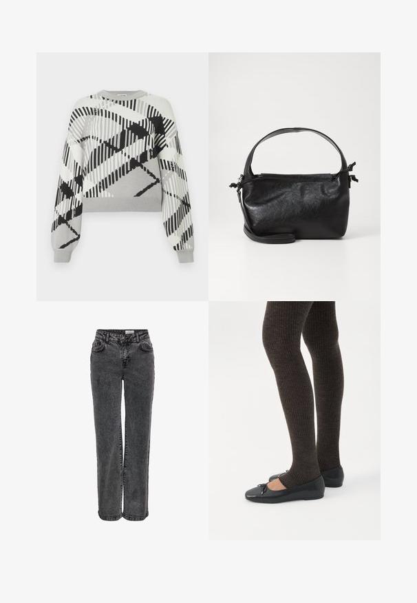 Pull gris avec un motif géométrique noir et blanc, manches longues, col rond, et poignets et ourlet côtelés.; Jeans en denim noir au design droit, avec poches avant, passants de ceinture et une texture légèrement délavée.; Jambes portant des leggings côtelés foncés associés à des ballerines noires avec de petits détails en nœud sur fond blanc.; Sac à main en cuir noir au design structuré, avec une poignée arrondie et une bandoulière amovible. Présente une texture lisse et un éclat subtil.