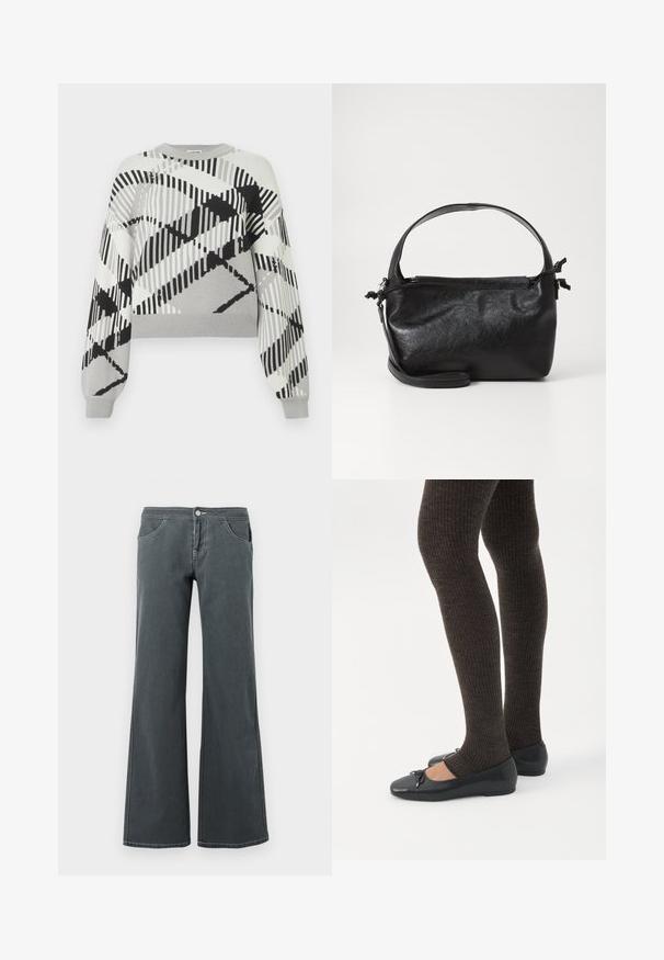 Pull gris avec un motif géométrique noir et blanc, manches longues, col rond, et poignets et ourlet côtelés.; Jean évasé gris en denim avec une texture lisse. Les caractéristiques incluent une fermeture à bouton, des passants de ceinture et des poches avant.; Jambes portant des leggings côtelés foncés associés à des ballerines noires avec de petits détails en nœud sur fond blanc.; Sac à main en cuir noir au design structuré, avec une poignée arrondie et une bandoulière amovible. Présente une texture lisse et un éclat subtil.