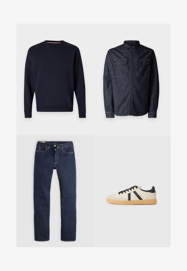 Replay ESSENTIAL R CREWNECK - Sudadera - night blue; Replay Camisa - dark blue; Vaqueros azul oscuro de pierna recta con bragueta de botones, bolsillos delanteros y traseros, y costuras de contraste, dispuestos planos sobre un fondo claro.; Zapatillas casuales en crema con rayas negras, con parte superior texturizada y suela de goma. Los cordones son negros. Logo sutil en el costado.
