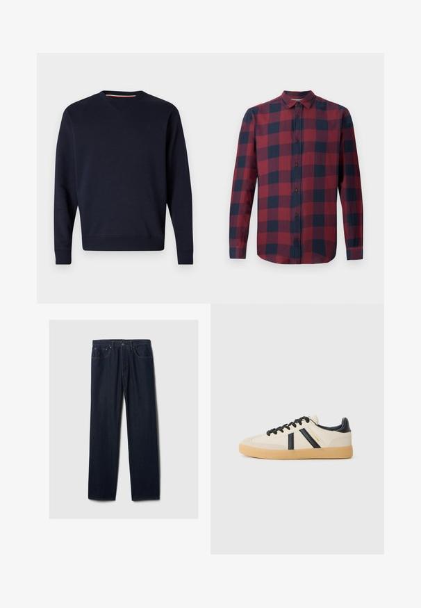 Replay ESSENTIAL R CREWNECK - Sudadera - night blue; Camisa de cuadros en rojo y azul marino de manga larga con cuello abotonado y botones oscuros. Fabricada con un tejido ligero de textura suave.; Vaqueros de mezclilla de pierna recta en azul oscuro con diseño de cinco bolsillos, cierre de botón y costuras visibles sobre un fondo claro.; Zapatillas casuales en crema con rayas negras, con parte superior texturizada y suela de goma. Los cordones son negros. Logo sutil en el costado.