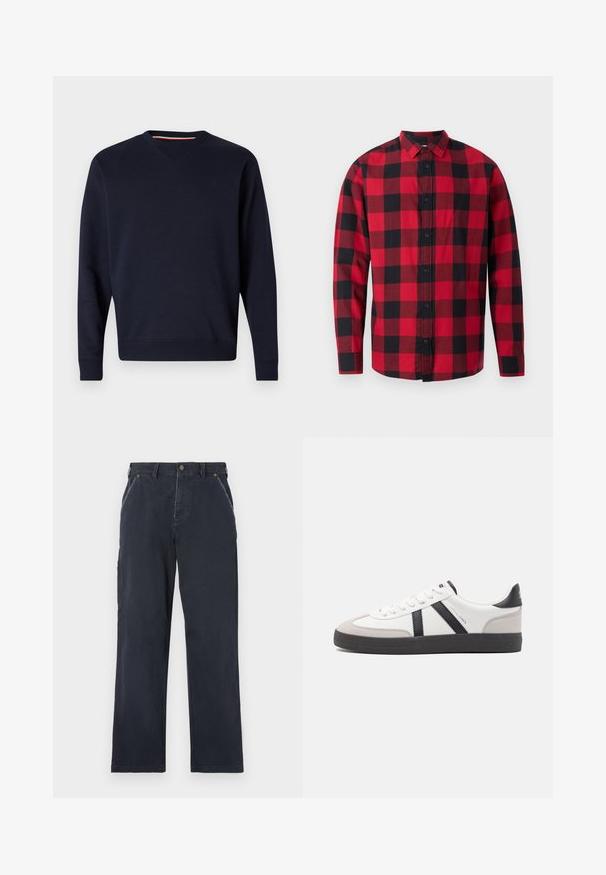 Replay ESSENTIAL R CREWNECK - Sweatshirt - night blue; Rot-schwarz kariertes Flanellhemd mit Knopfleiste, langen Ärmeln und Kragen. Das Hemd zeichnet sich durch ein klassisches Karomuster aus.; Hüftlange, marineblaue Baumwollhose mit geradem Bein. Mit Fronttaschen, einem Knopfverschluss und sichtbaren Nahtdetails.; Weiße Sneaker mit schwarz- und grau-aczenten, ausgestattet mit einer strukturierten grauen Zehenkappe, schwarzer Gummi-Sohle und flachen weißen Schnürsenkeln. Sauberes Design, minimalistische Stil.
