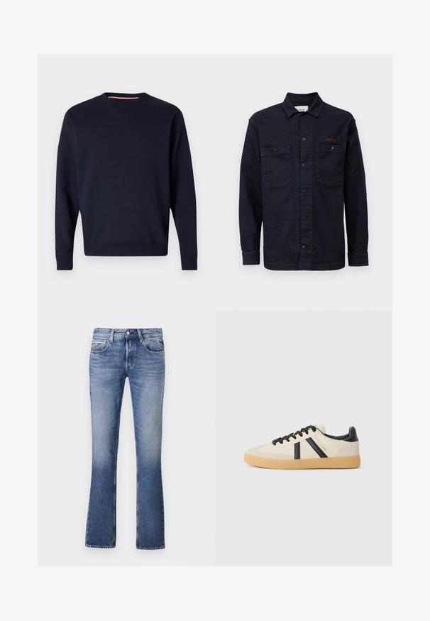 Replay ESSENTIAL R CREWNECK - Sudadera - night blue; Camisa de mezclilla azul oscuro con mangas largas, cierre frontal de botones, dos bolsillos en el pecho y un pequeño logo rojo "REPLAY" en el bolsillo izquierdo.; Vaqueros de mezclilla azul claro con un diseño de pierna acampanada, que cuentan con cinco bolsillos, un cierre delantero de botón y un ligero desgaste en toda la prenda.; Zapatillas casuales en crema con rayas negras, con parte superior texturizada y suela de goma. Los cordones son negros. Logo sutil en el costado.