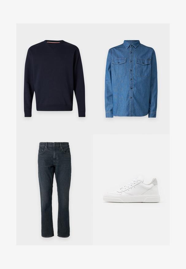 Replay ESSENTIAL R CREWNECK - Sudadera - night blue; Camisa de denim en azul medio, de manga larga, diseño de botones, con dos bolsillos en el pecho y un cuello. Presenta un logo en la parte delantera.; Jeans de mezclilla azul oscuro con corte recto, diseño de cinco bolsillos y cierre de botón. Presenta un ligero desvanecimiento y costuras de contraste.; Zapatillas de cuero blanca con un acabado suave, punta redondeada, cordones planos y una suela texturada. Acento de ante gris en el talón.