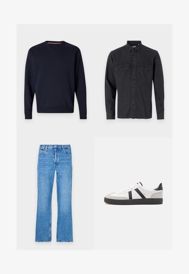 Replay ESSENTIAL R CREWNECK - Sweatshirt - night blue; Langärmliges, dunkelgraues Hemd mit Knöpfen aus Baumwollmischung, das über zwei Brusttaschen und ein klassisches Kragendesign verfügt.; Blaue, gerade geschnittene Jeans aus Denim mit einem verfärbten Waschlook. Mit Knopfverschluss, Gürtelschlaufen und dem klassischen Fünf-Taschen-Design.; Weiße Sneaker mit schwarz- und grau-aczenten, ausgestattet mit einer strukturierten grauen Zehenkappe, schwarzer Gummi-Sohle und flachen weißen Schnürsenkeln. Sauberes Design, minimalistische Stil.