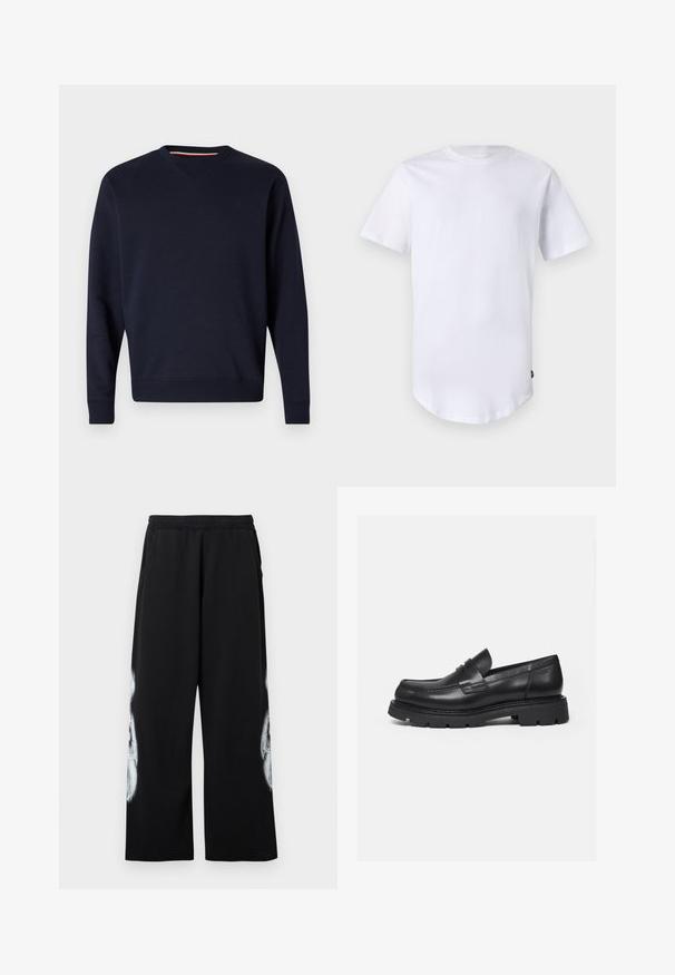 Replay Sudadera - night blue; Camiseta blanca de manga corta hecha de algodón. Diseño de cuello redondo con dobladillo curvado. Etiqueta visible en el lado inferior izquierdo. Textura suave.; Pantalones deportivos negros con cintura elástica, bolsillos laterales y un gran diseño gráfico blanco en la pierna exterior. Material de algodón, ajuste holgado.; Mocasín negro de cuero con suela gruesa y acanalada y detalle de tira para moneda, mostrado en perfil lateral derecho sobre fondo blanco.