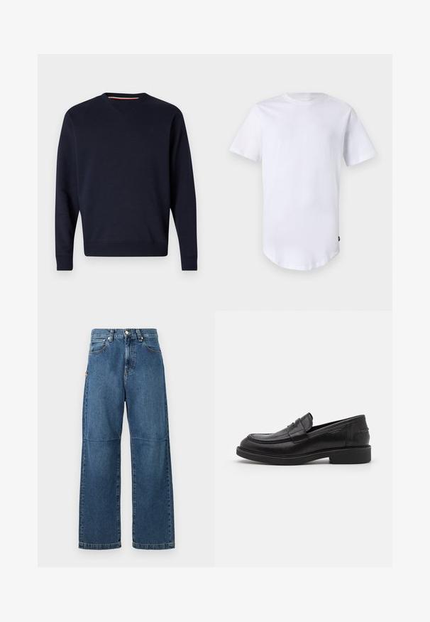 Replay ESSENTIAL R CREWNECK - Sweatshirt - night blue; Weißes T-Shirt mit kurzen Ärmeln aus Baumwolle. Rundhalsausschnitt mit abgerundetem Saum. Etikett auf der unteren linken Seite sichtbar. Glatte Textur.; Blaue Jeans aus Denim mit entspannter Passform, geraden Beinen, sichtbarem Nähen und einem vorderen Knopfverschluss. Verfügt über eine Seitentasche mit einem Akzent.; Schwarze Lederloafer mit abgerundetem Zeh, farblich abgestimmtem Nähen und einem Riemendetail an der Vorderseite. Gummi-Sohle mit niedrigem Absatz.