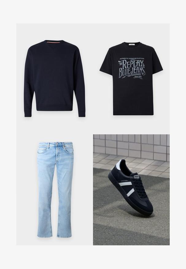 Replay ESSENTIAL R CREWNECK - Sudadera - night blue; Camiseta de algodón negra de manga corta y cuello redondo, con un diseño gráfico de texto en estilo vintage en blanco y azul claro en la parte frontal.; Los jeans de denim azul claro presentan un diseño de pierna recta, estilo de cinco bolsillos y un cierre de botón. La tela tiene una textura suave con acentos deslavados.; Zapatilla de cuero negra con rayas blancas, suela de goma texturizada y parte frontal con cordones. Cuenta con una etiqueta de marca en la lengüeta.