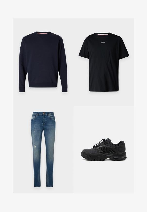 Replay Sweatshirt - night blue; Schwarzes Baumwoll-T-Shirt mit Rundhalsausschnitt und kurzen Ärmeln. Das Wort "REPLAY" ist in Weiß über die Brust gestickt.; Schmale, blaue Jeans aus Denim mit einer ausgewaschenen Optik, dezenten Abnutzungen an den Oberschenkeln und klassischem Fünf-Taschen-Design.; Schwarzer athletischer Sneaker mit strukturiertem Stoff, dicker gepolsterter Sohle, Luftauslässen und Schnürverschluss, von der Seite auf hellem Hintergrund gezeigt.