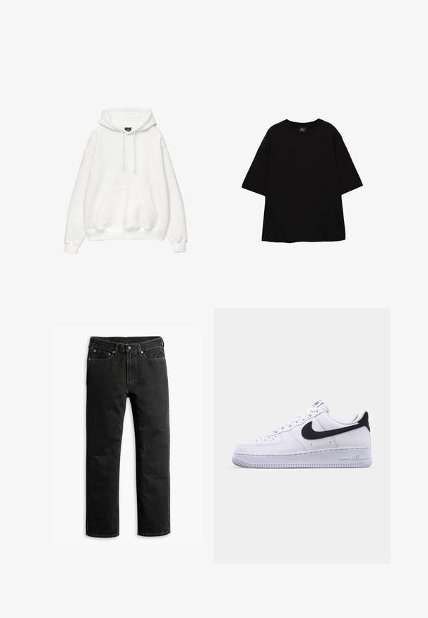 Haut à capuche blanc en mélange de coton doux. Il dispose d'une capuche avec cordon de serrage, d'une poche kangourou à l'avant et de bords côtelés aux poignets et à l'ourlet. Design simple et minimaliste.; T-shirt noir oversize à manches courtes avec encolure ronde, en tissu lisse, présenté à plat sur un fond blanc.; Jean en denim noir à jambe droite avec cinq poches, passants de ceinture et fermeture par bouton à la taille, disposé à plat sur un fond blanc.; Sneaker en cuir blanc avec un Swoosh noir texturé, des lacets plats et une semelle en caoutchouc avec un motif strié. "AIR" est embossé sur le talon.