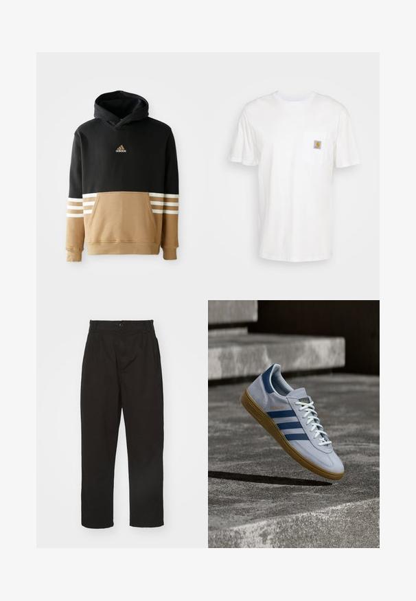 Kapuzensweatshirt mit schwarzem Oberteil und beigem Unterteil, weißen Streifenakzenten an den Ärmeln, Kängurutasche und gesticktem Logo.; Weißes Baumwoll-T-Shirt mit kurzen Ärmeln, einer Brusttasche und einem kleinen quadratischen Logopatch in Orange und Weiß auf der Tasche.; Schwarze Hose aus glattem Stoff, mit Knopfverschluss, geradem Schnitt und zwei vorderen Falten für zusätzlichen Detail.; Hellblauer Adidas Spezial Sneaker mit dunkelblauen Streifen und Gummisohle, in der Luft über Betontreppen in neutralem Außenbereich gezeigt.