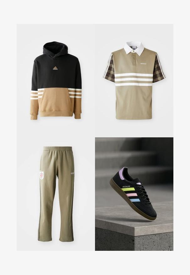 Kapuzensweatshirt mit schwarzem Oberteil und beigem Unterteil, weißen Streifenakzenten an den Ärmeln, Kängurutasche und gesticktem Logo.; Poloshirt in Olivgrün mit weißen Streifen und einem karierten Muster an den kurzen Ärmeln. Mit einem weißen Kragen und Logo auf der Brust.; Olivgrüne Jogginghosen mit einem elastischen Bund, Seitentaschen, schwarzen seitlichen Streifen und einem Logo-Patch am Oberschenkel.; Schwarzer Adidas Spezial Sneaker mit pastellgelben, pinken und blauen Streifen, lavendelfarbenem Fersenlaschen und brauner Sohle, schwebend über einer Betonkante.