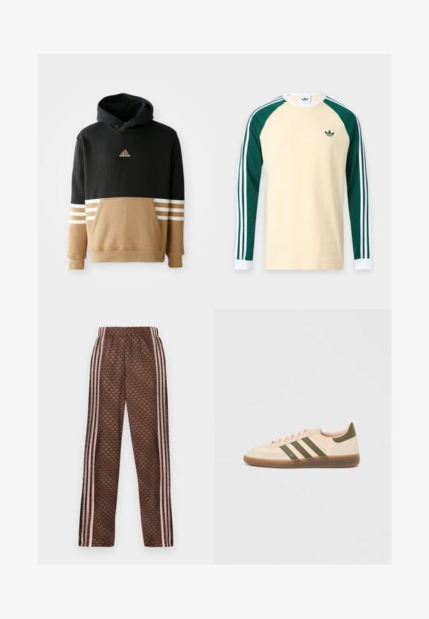 Hoody met een zwart bovenstuk en een beige onderstuk met witte gestreepte accenten op de mouwen, een kangaroo-zak en geborduurd logo.; Beige shirt met lange mouwen met donkergroene raglanmouwen, witte manchetten, witte strepen op de mouwen en klein groen Adidas-logo op de borst.; Bruine trainingsbroek met lichtroze verticale strepen aan de zijkanten en een herhalend bladpatroon over de hele broek, elastische tailleband, recht gesneden pijpen.; Beige Adidas Spezial sneaker met een laag profiel, groene strepen, een gumkleurige zool en "SPEZIAL" branding aan de zijkant, gezien vanaf de buitenzijde.