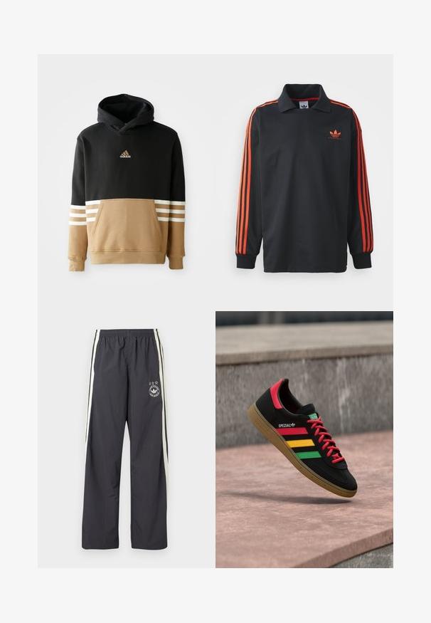 Hætte sweatshirt med sort overdel og beige underdel samt hvide stribede detaljer på ærmerne, kængurulomme og broderet logo.; Sort langærmet polo med krave, prydet med røde striber på ærmerne og et lille rødt logo på brystet. Glat stofstruktur.; Mørkegrå træningsbukser med hvide sidelister, elastik i taljen og et rundt logo med tre stjerner på venstre lår. Letvægtsstof.; Sort Adidas Spezial-sneaker med røde, gule og grønne striber, røde snørebånd, gummisål og rødt hældetalje, vist svævende over fortovet.