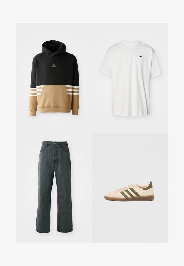 Hætte sweatshirt med sort overdel og beige underdel samt hvide stribede detaljer på ærmerne, kængurulomme og broderet logo.; Hvid bomulds t-shirt med korte ærmer, rund hals og et lille sort Adidas-logo på venstre bryst. Blød tekstur, afslappet pasform.; Bredde ben mørkegrå jeans lavet af denim, med høj talje, fem-lomme design og en subtil distressed tekstur.; Beige Adidas Spezial sneaker med lav profil, grønne striber, gummisål og "SPEZIAL"-branding på siden, vist fra ydersiden.