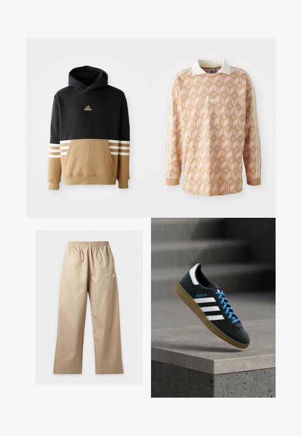 Hætte sweatshirt med sort overdel og beige underdel samt hvide stribede detaljer på ærmerne, kængurulomme og broderet logo.; Langærmet skjorte i en lys ferskenfarve med et geometrisk mønster. Har en hvid krave og tre creme striber på hver ærme.; Beige bukser med vide ben og elastisk linning samt lille hvid Adidas-logo på øverste venstre lår, vist mod en ensfarvet baggrund.; Sort Adidas sneaker med hvide striber, blå snørebånd og gummisål, der svæver over gråt betontrin i blødt lys.